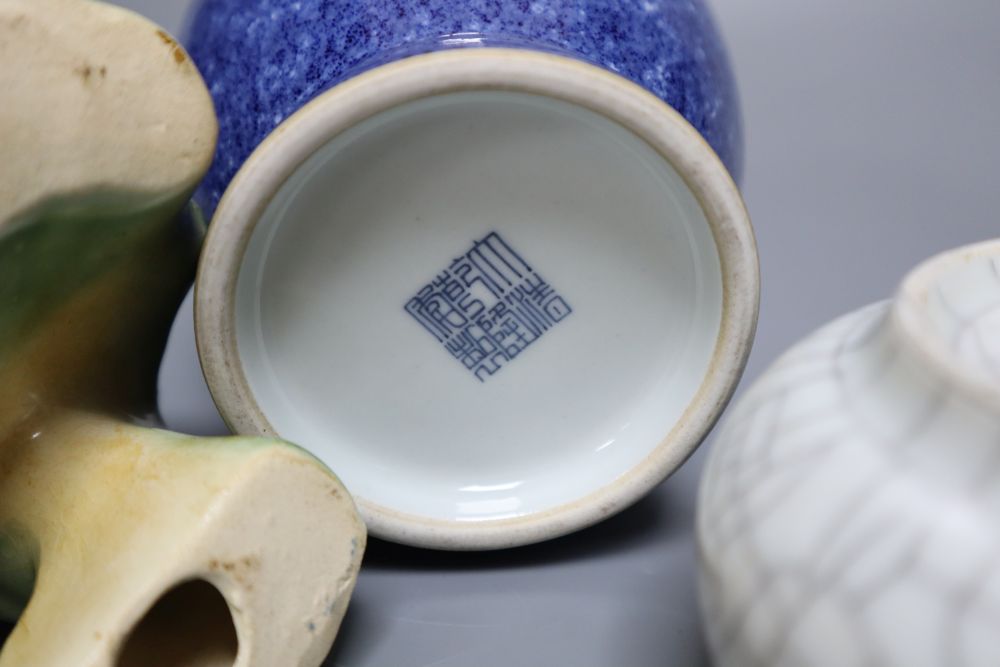 A Chinese powder blue vase, 23cm, Chinese crackleware bowl, 10cm diameter and an earthenware Buddhistic lion